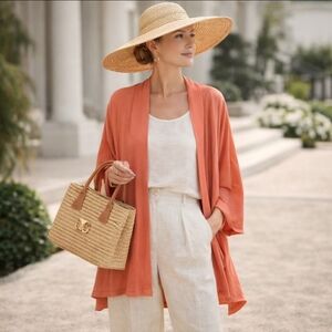 Eileen Fisher Linen Knit Coral Cardigan Kimono Cascade Open Front Old Money